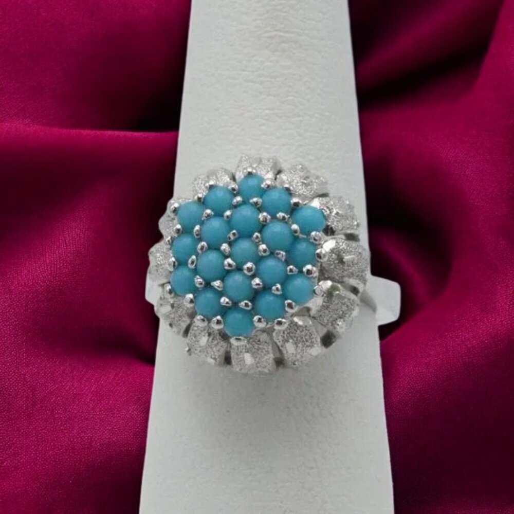 Sterling Silver & Turquoise Color Glass Bead Ring Floral